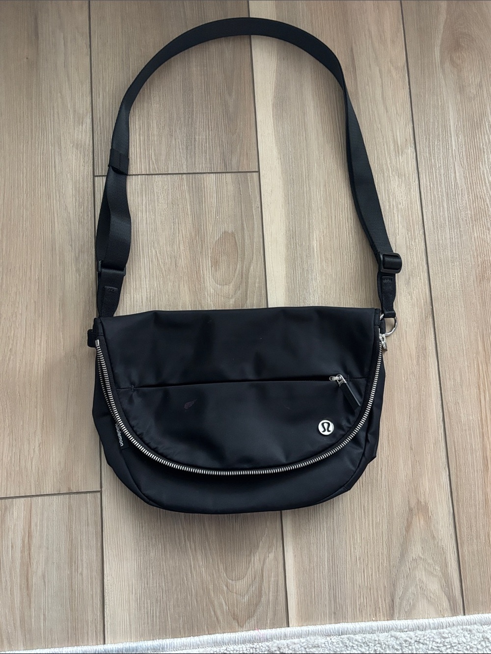 lululemon athletica Black Nylon Messenger Bag with Silver Zipper